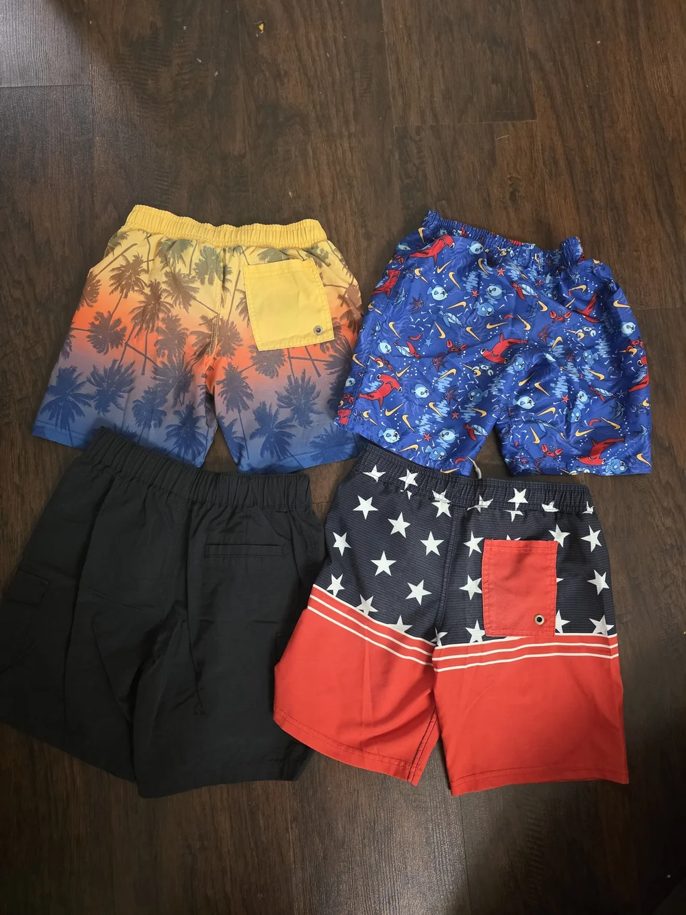 Kids Swim & Board Shorts Set- Palm, Blue Fish, Black, Red/Blue Stars Size 6-7